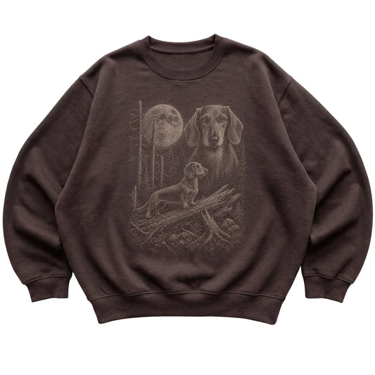 Dachshund Moonlit Forest graphic on a dark chocolate crewneck sweatshirt laid flat