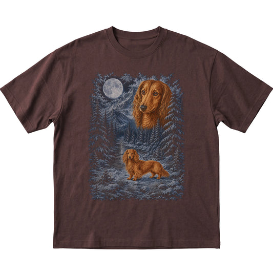 dark chocolate T-shirt with Dachshund Winter Moon artwork.