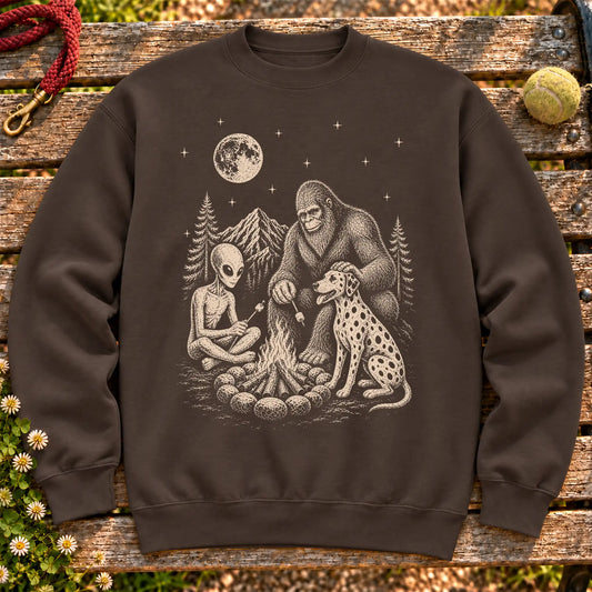 Dalmatian Camping with Bigfoot and Alien on a Dark Chocolate crewneck sweatshirt, shown flat