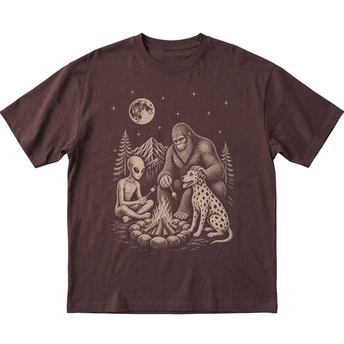 Dark Chocolate Dalmatian Camping with Bigfoot and Alien shirt laid flat