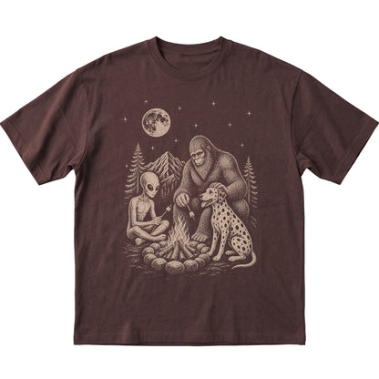 Dark Chocolate Dalmatian Camping with Bigfoot and Alien shirt laid flat