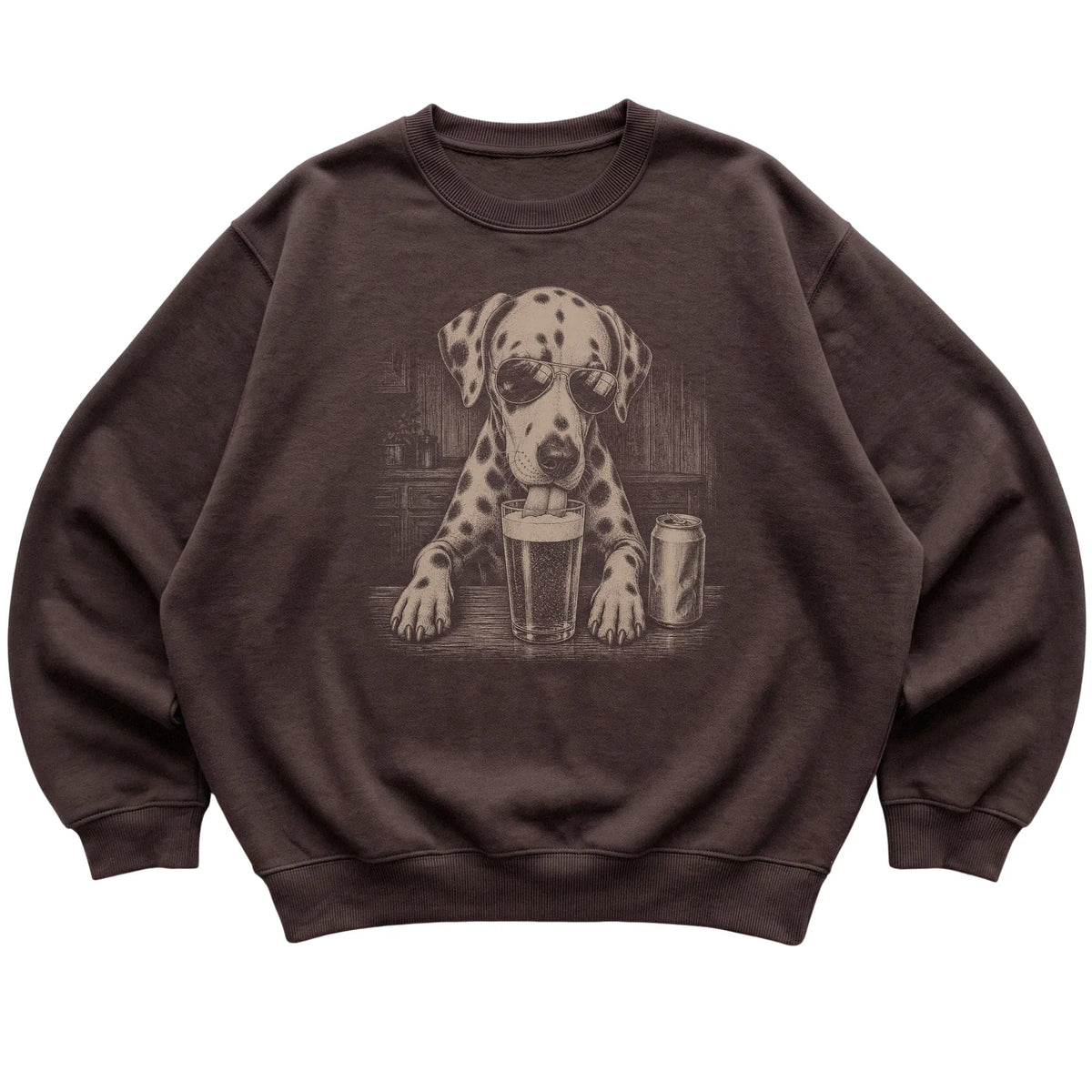Dark Chocolate Dalmatian drinking from a pint at a bar, laid flat