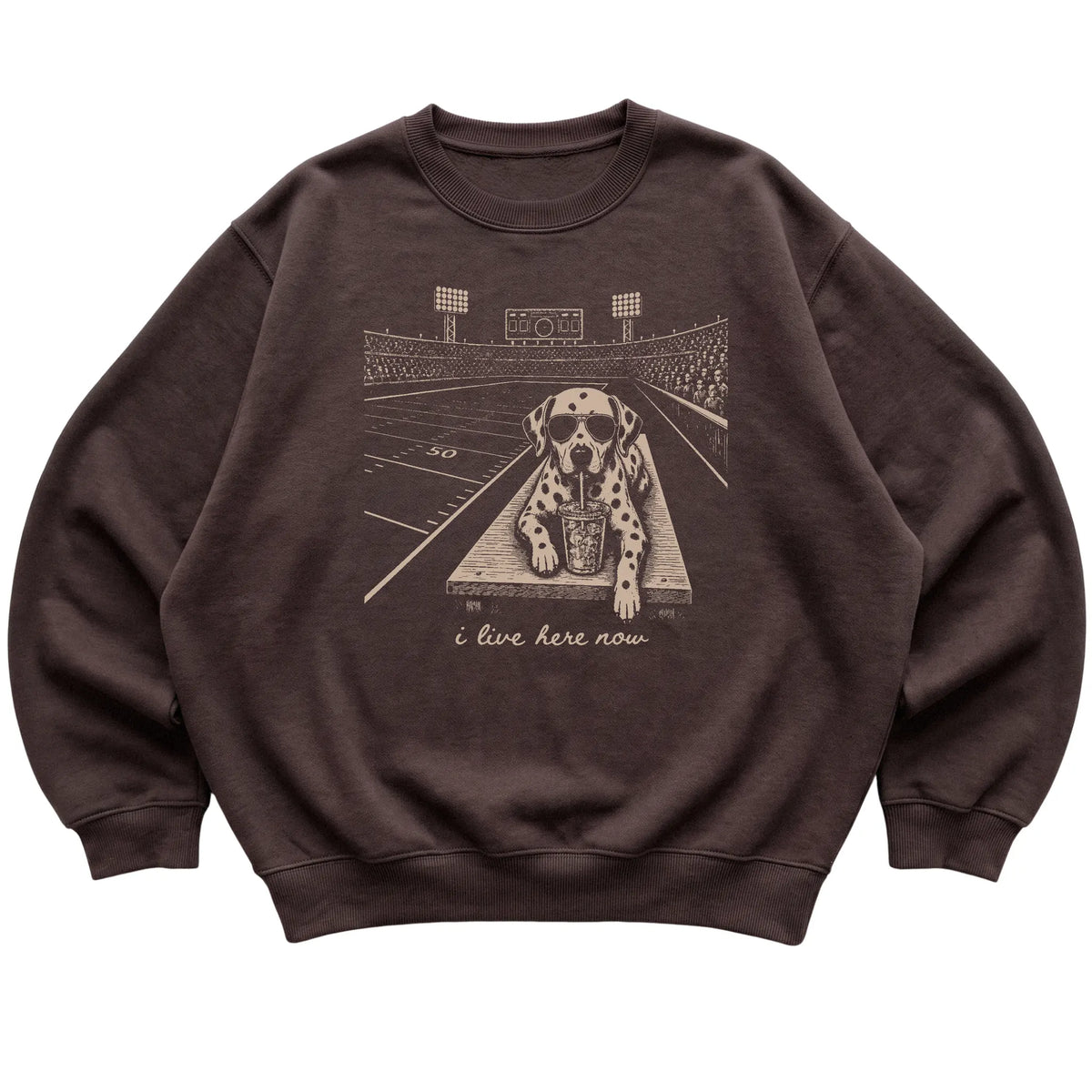 Dark Chocolate Dalmatian Football Tailgate sweatshirt, laid flat