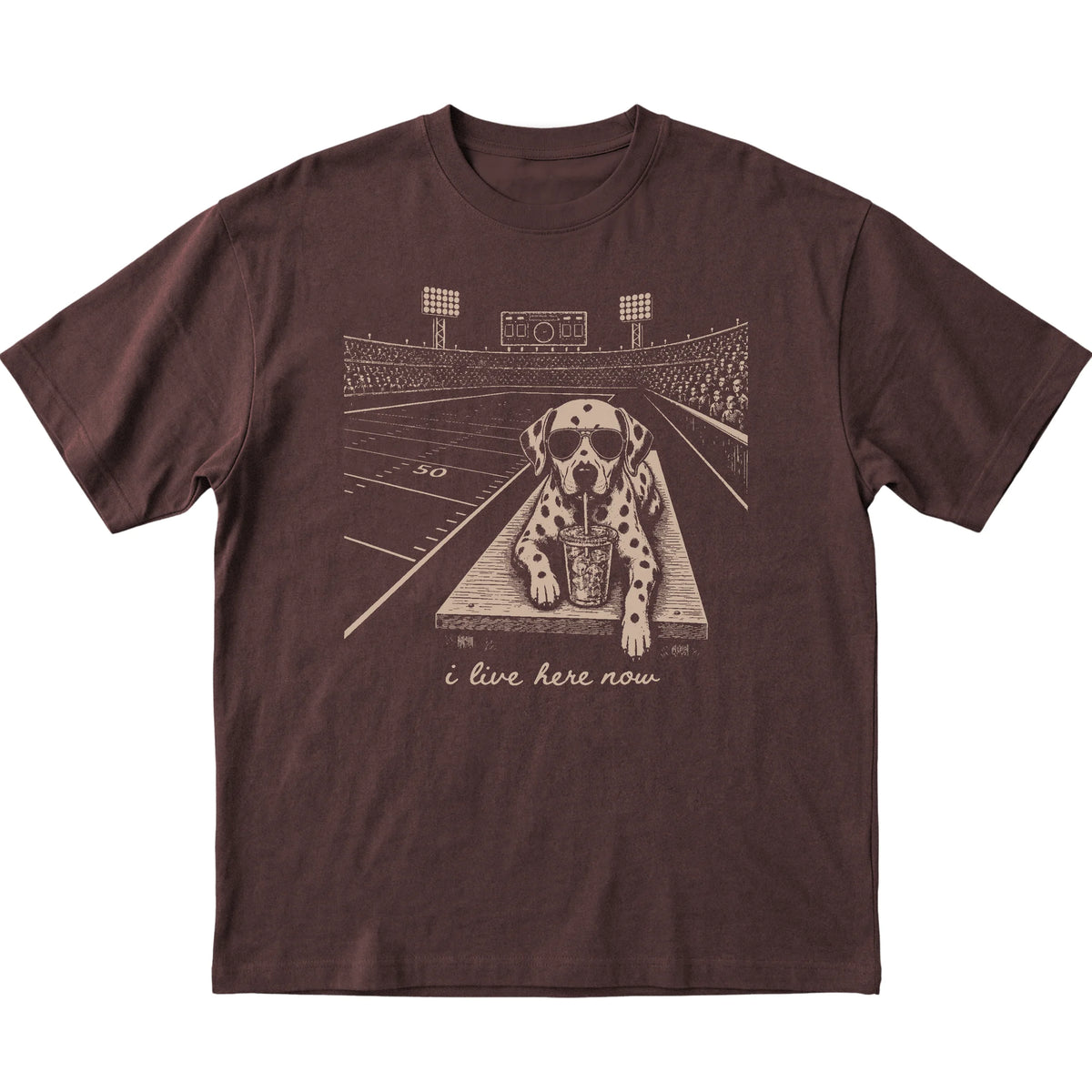 Dark Chocolate Dalmatian Football Tailgate T-shirt, laid flat