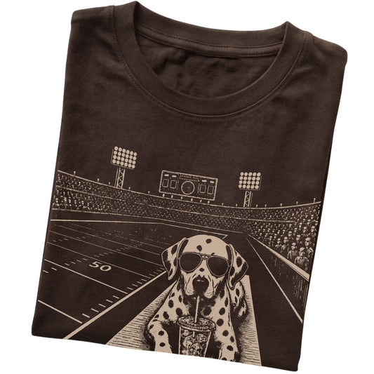 Dark Chocolate Dalmatian Football Tailgate T-shirt, folded