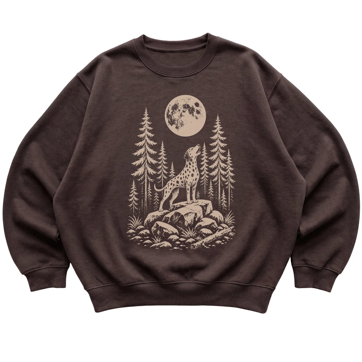 Close view of Dalmatian Howling at the Moon artwork on Dark Chocolate crewneck sweatshirt