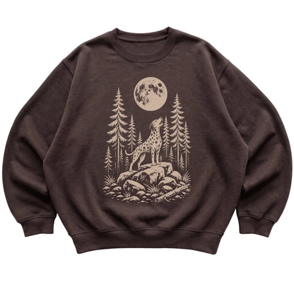 Close view of Dalmatian Howling at the Moon artwork on Dark Chocolate crewneck sweatshirt