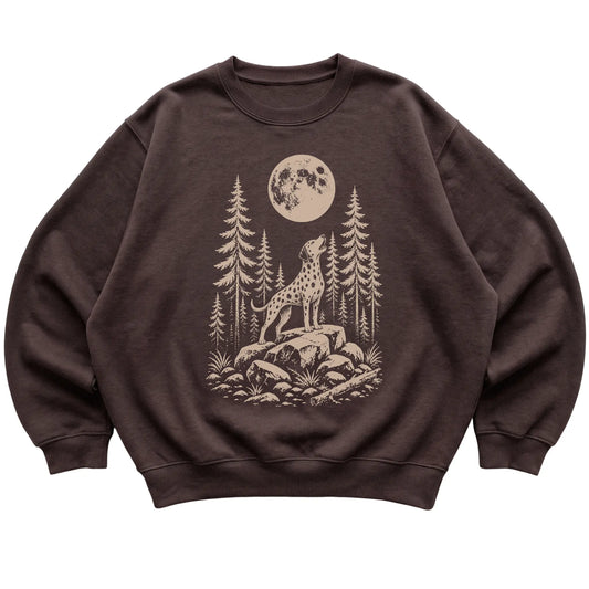 Close view of Dalmatian Howling at the Moon artwork on Dark Chocolate crewneck sweatshirt