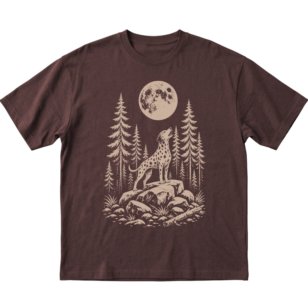 Close view of Dalmatian Howling at the Moon artwork on Dark Chocolate softstyle T-shirt