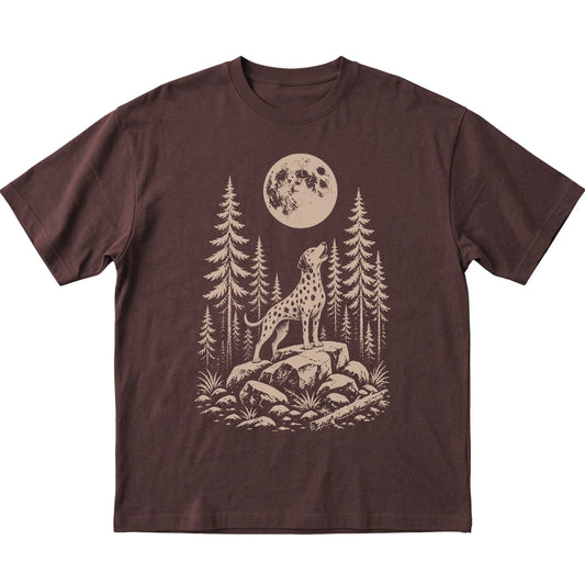 Close view of Dalmatian Howling at the Moon artwork on Dark Chocolate softstyle T-shirt