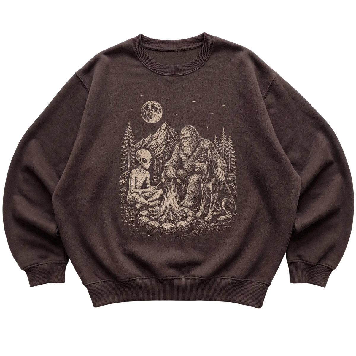 Dark Chocolate Doberman Camping with Bigfoot and Alien shirt laid flat