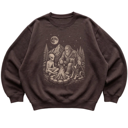 Dark Chocolate Doberman Camping with Bigfoot and Alien shirt laid flat