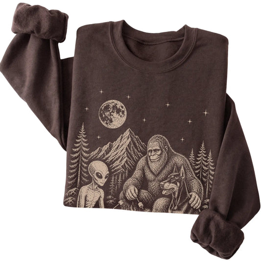 Dark Chocolate Doberman Camping with Bigfoot and Alien folded detail view