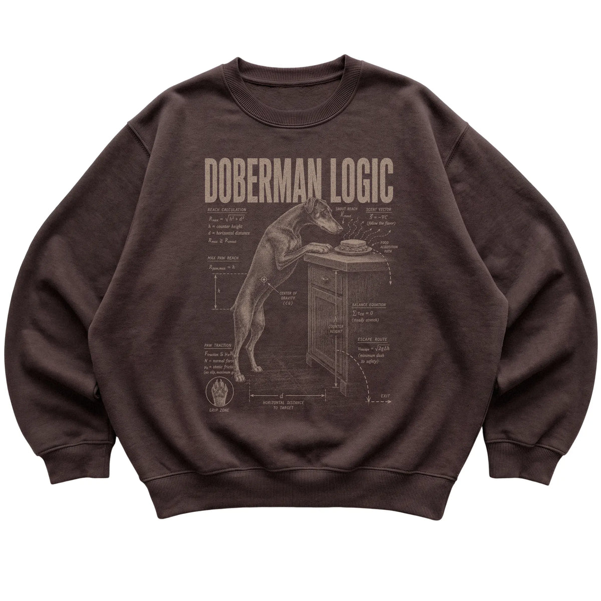 Dark Chocolate Doberman Logic sweatshirt laid flat