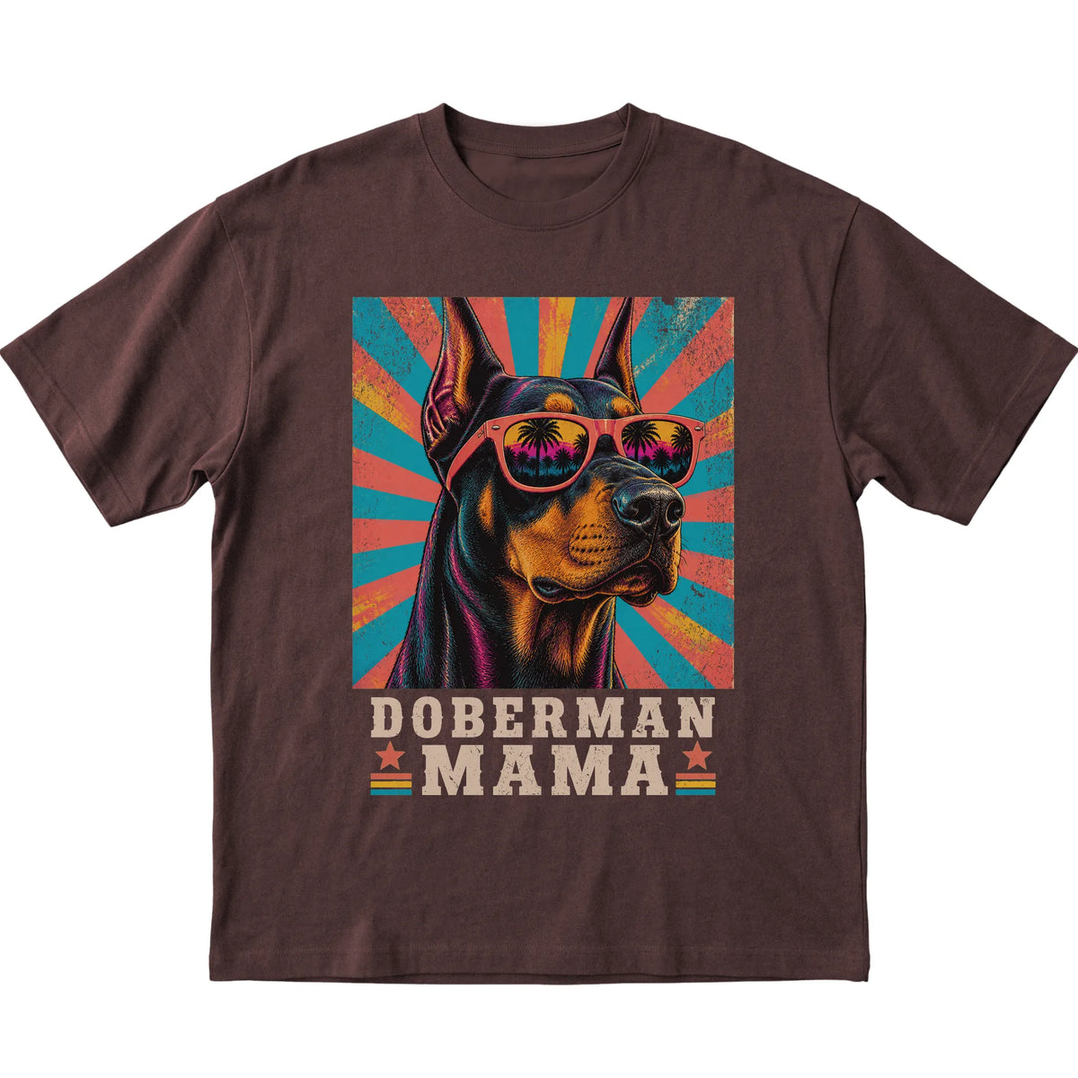 Retro Doberman Mama design on a Dark Chocolate softstyle T-shirt