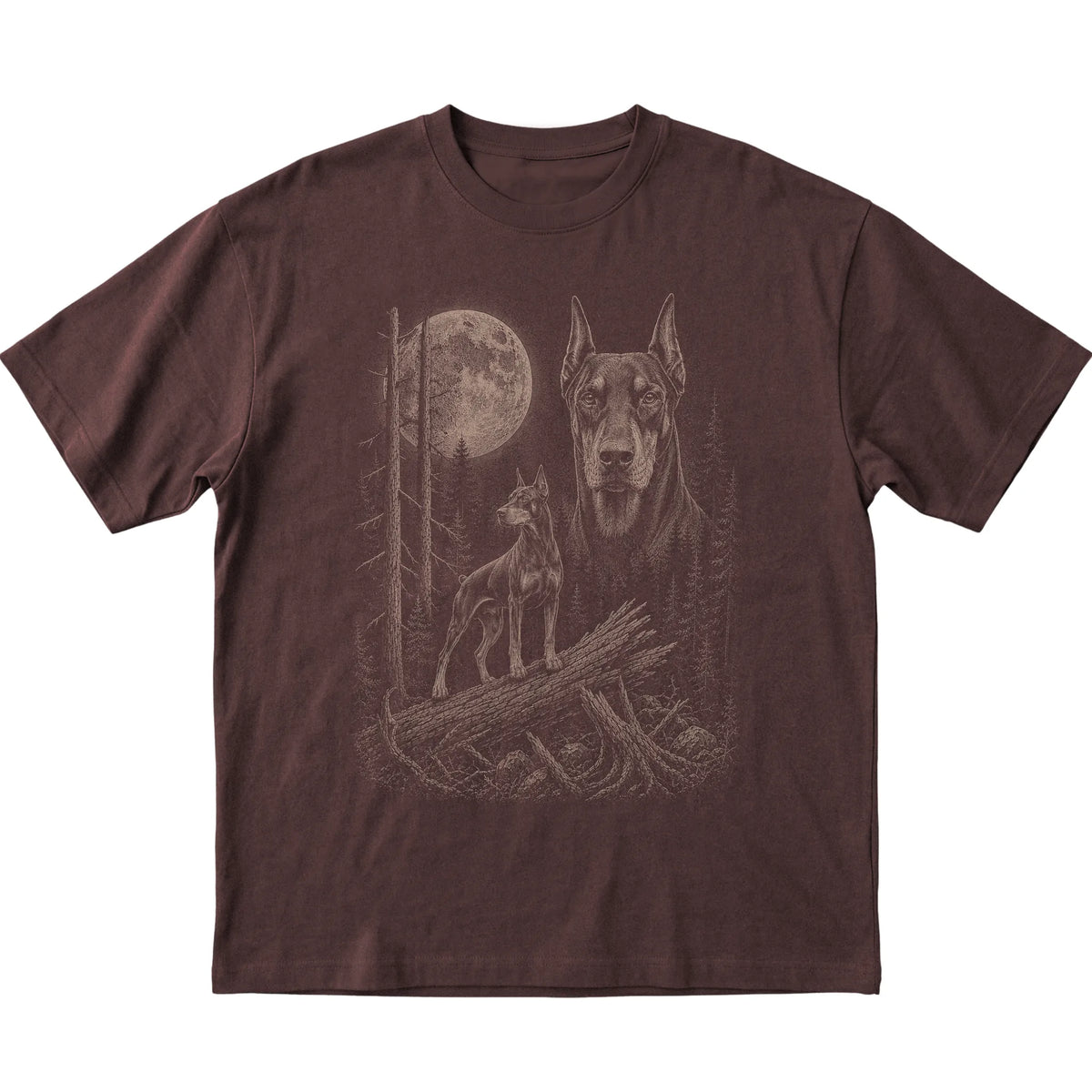 Doberman Moonlit Forest graphic on a dark chocolate Softstyle T-shirt laid flat