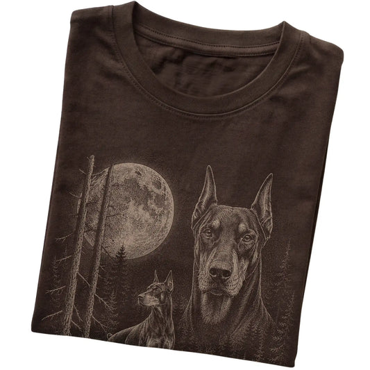 Folded dark chocolate Softstyle T-shirt showing the Doberman Moonlit Forest graphic