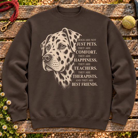 Dogs Are Not Just Pets Dalmatian text design on a Dark Chocolate crewneck sweatshirt