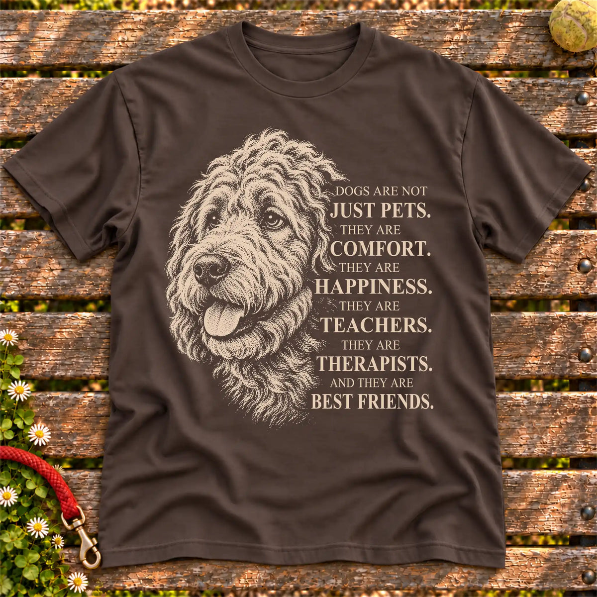 Dogs Are Not Just Pets Goldendoodle text design on a Dark Chocolate softstyle T-shirt