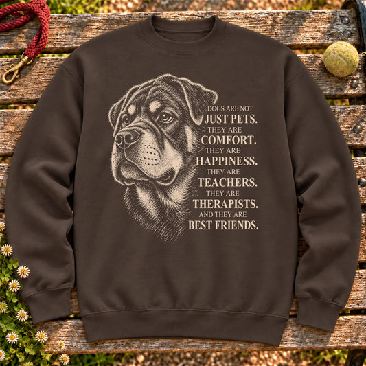 Dogs Are Not Just Pets Rottweiler text design on a Dark Chocolate crewneck sweatshirt
