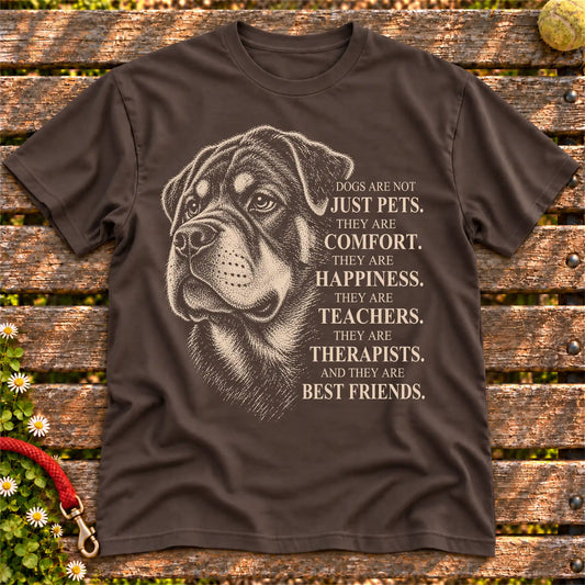 Dogs Are Not Just Pets Rottweiler text design on a Dark Chocolate softstyle T-shirt