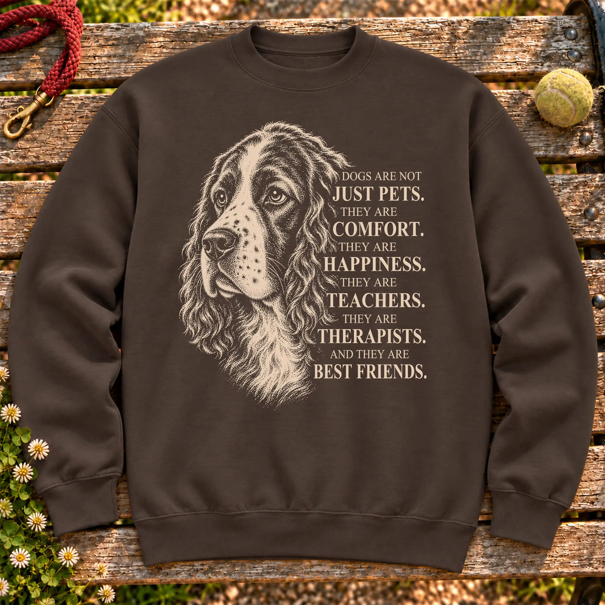Dogs Are Not Just Pets Springer Spaniel text design on a Dark Chocolate crewneck sweatshirt