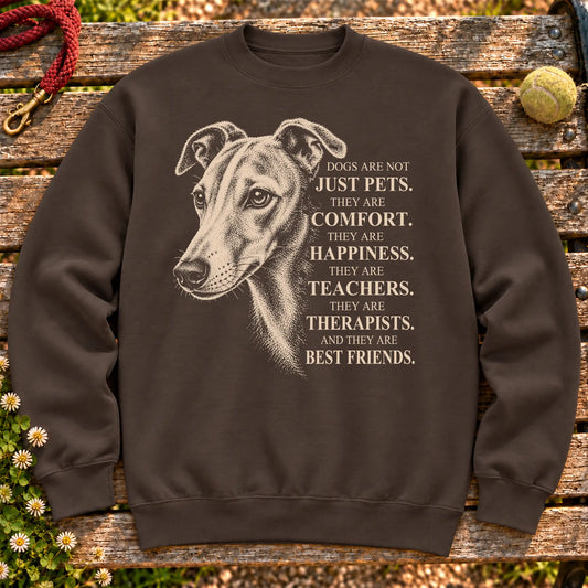 Dogs Are Not Just Pets Whippet text design on a Dark Chocolate crewneck sweatshirt