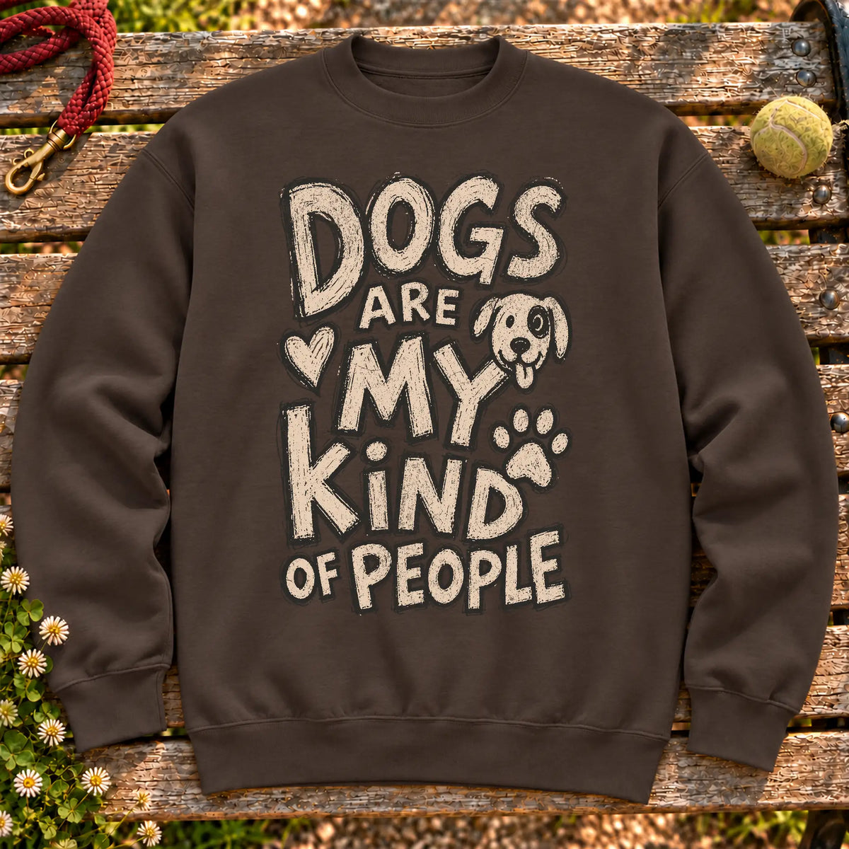 Dogs Are my Kind of people on a Dark Chocolate crewneck sweatshirt, shown flat