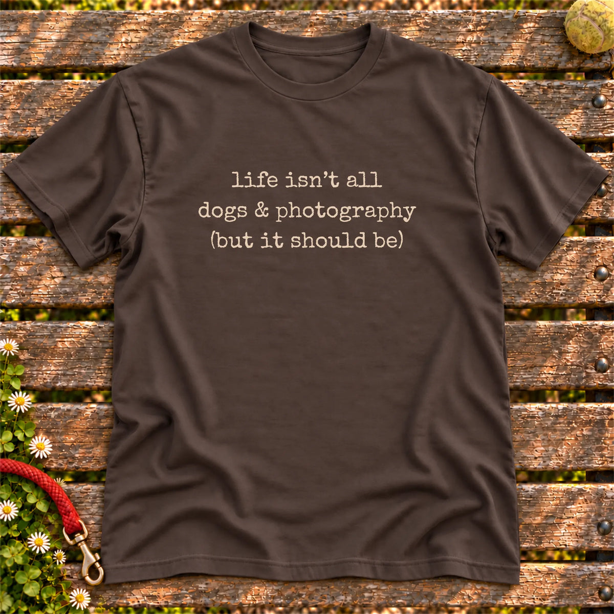 Dogs & Photography design on a Dark Chocolate T-shirt, shown flat