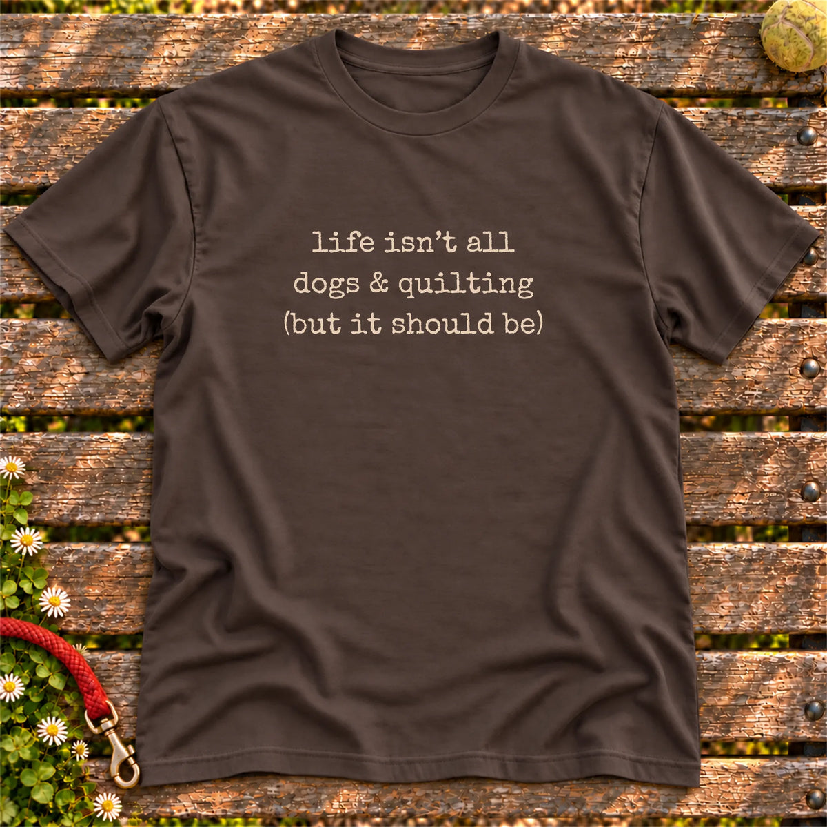 Dogs & Quilting design on a Dark Chocolate T-shirt, shown flat