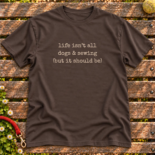 Dogs & Sewing design on a Dark Chocolate T-shirt, shown flat