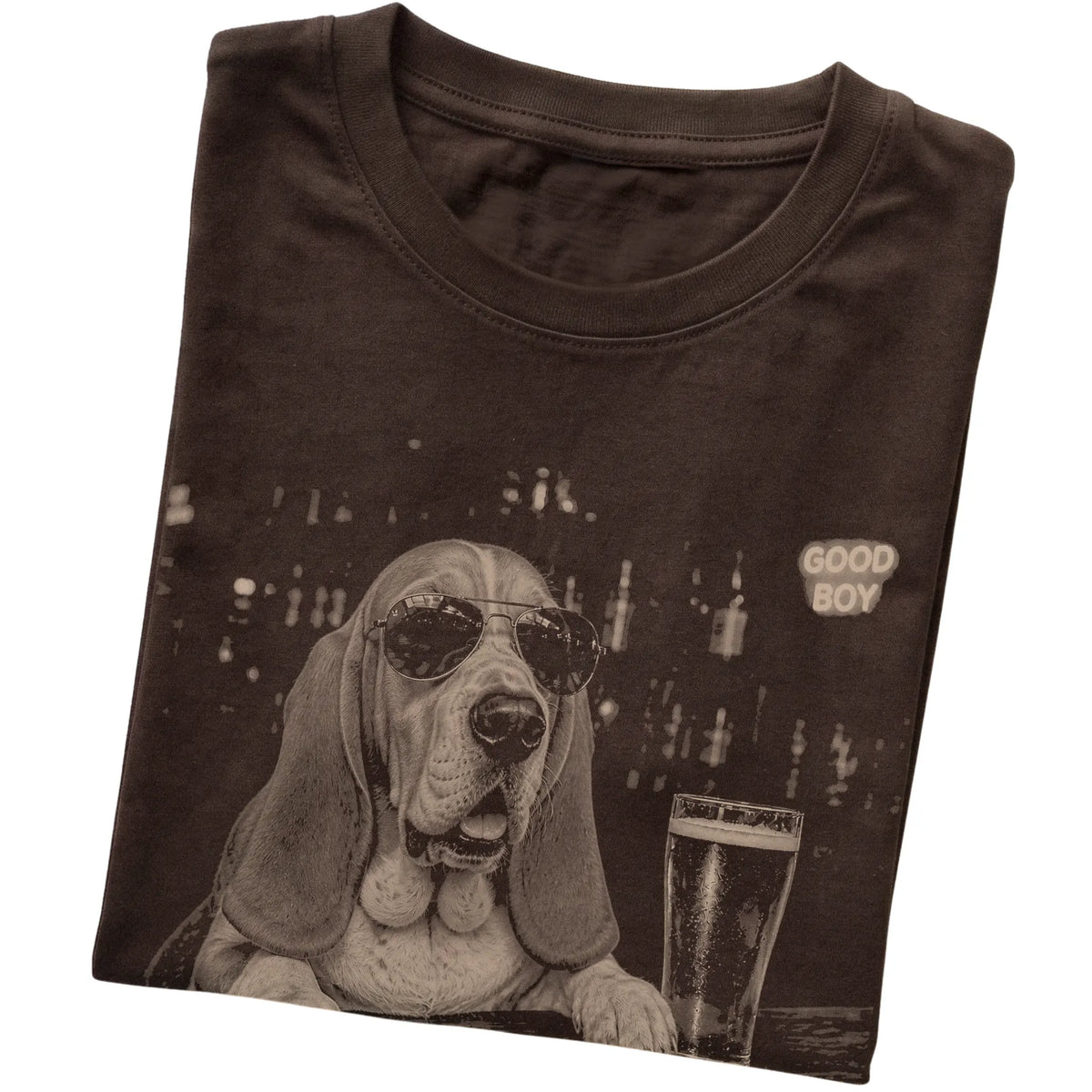 Dark Chocolate Basset Hound at a bar beside a pint, folded detail view