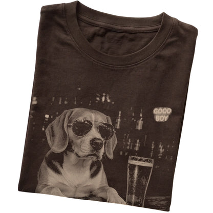 Dark Chocolate Beagle at a bar beside a pint, folded detail view