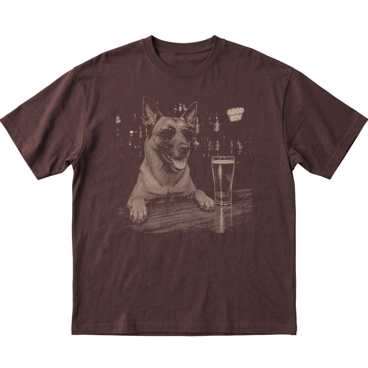 Dark Chocolate Belgian Malinois at a bar beside a pint, laid flat