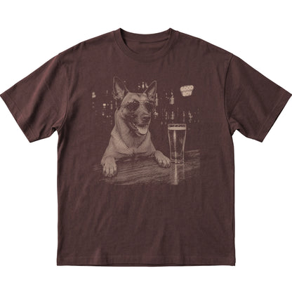 Dark Chocolate Belgian Malinois at a bar beside a pint, laid flat