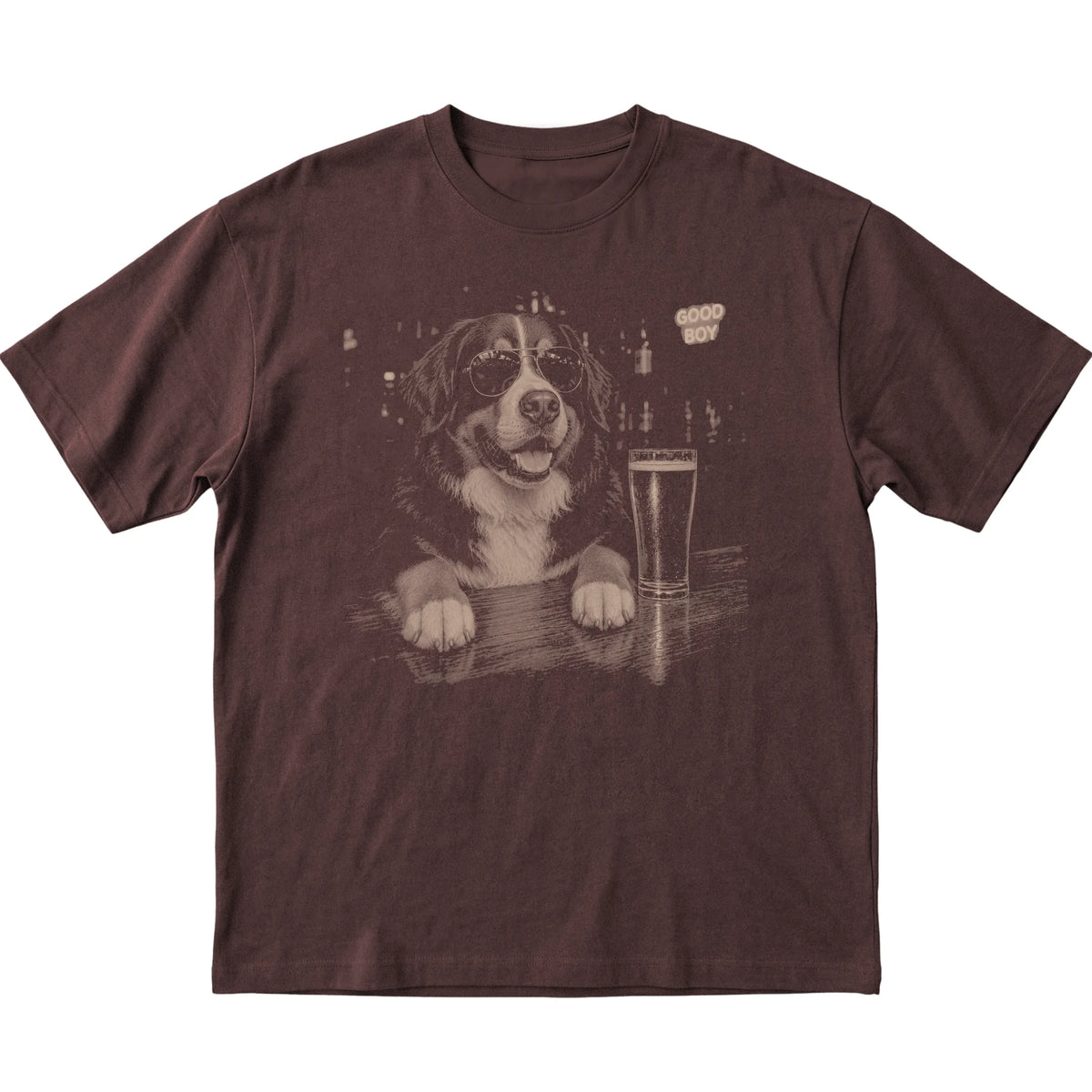 Dark Chocolate Bernese Mountain Dog at a bar beside a pint, laid flat