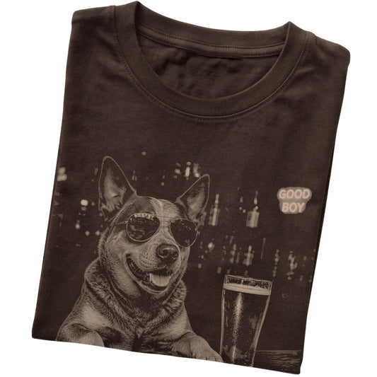 Dark Chocolate Blue Heeler at a bar beside a pint, folded detail view