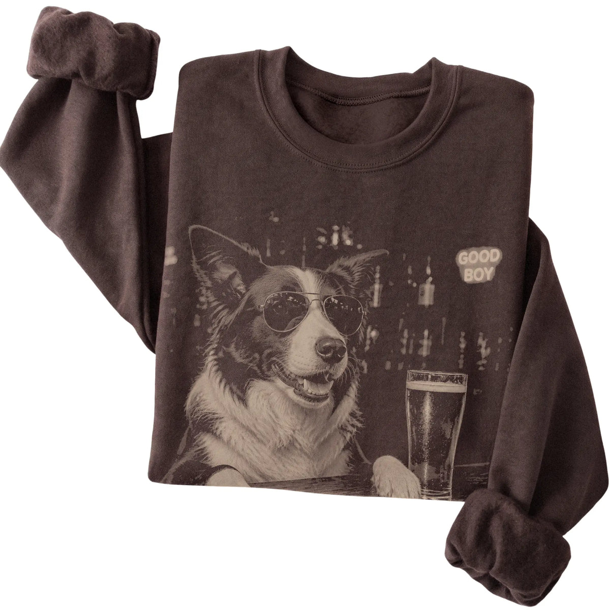 Dark Chocolate Border Collie at a bar beside a pint, folded detail view