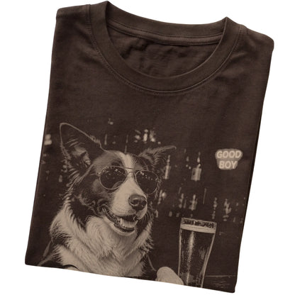 Dark Chocolate Border Collie at a bar beside a pint, folded detail view