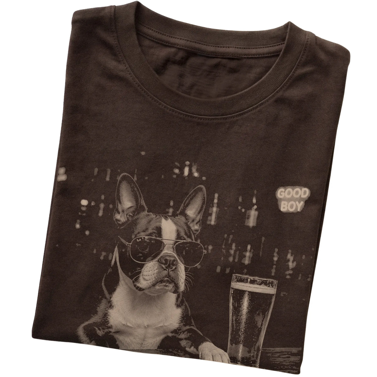 Dark Chocolate Boston Terrier at a bar beside a pint, folded detail view