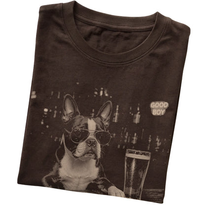Dark Chocolate Boston Terrier at a bar beside a pint, folded detail view