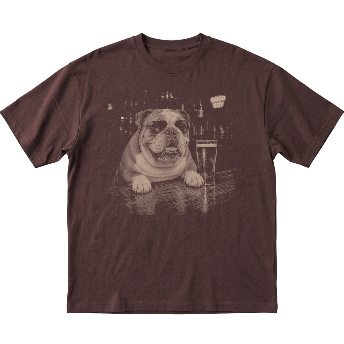 Dark Chocolate English Bulldog at a bar beside a pint, laid flat