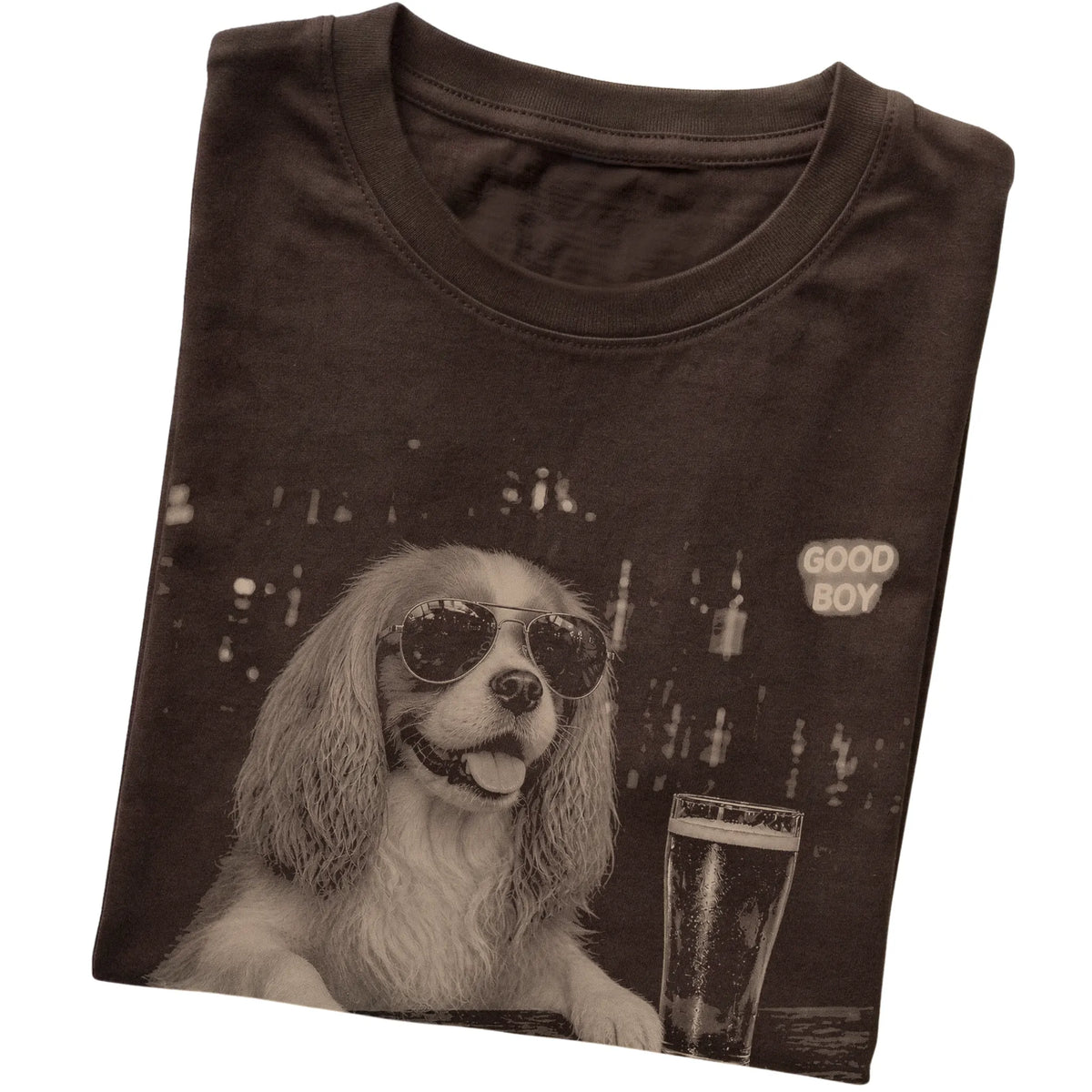 Dark Chocolate Cavalier at a bar beside a pint, folded detail view