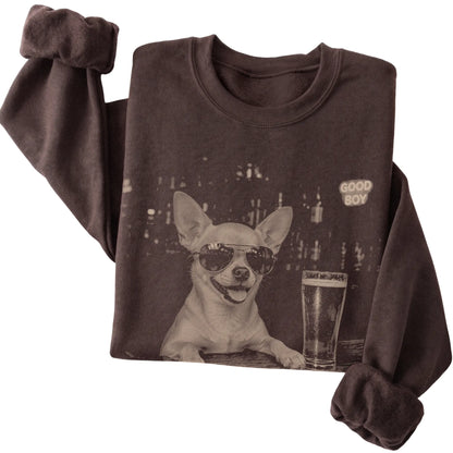 Dark Chocolate Chihuahua at a bar beside a pint, folded detail view