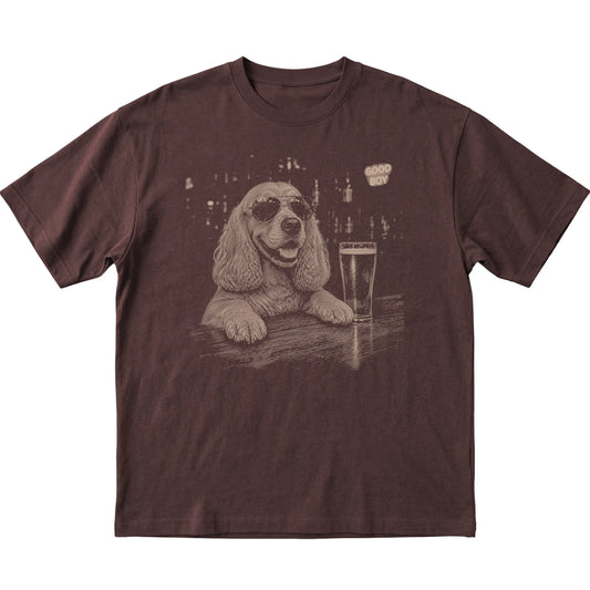 Dark Chocolate Cocker Spaniel at a bar beside a pint, laid flat