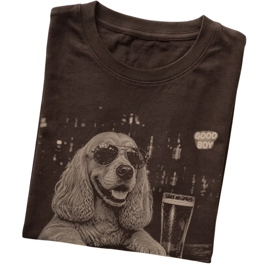 Dark Chocolate Cocker Spaniel at a bar beside a pint, folded detail view
