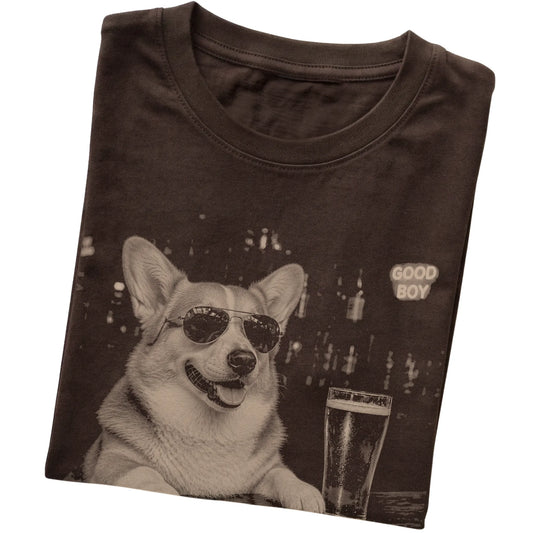 Dark Chocolate Corgi at a bar beside a pint, folded detail view