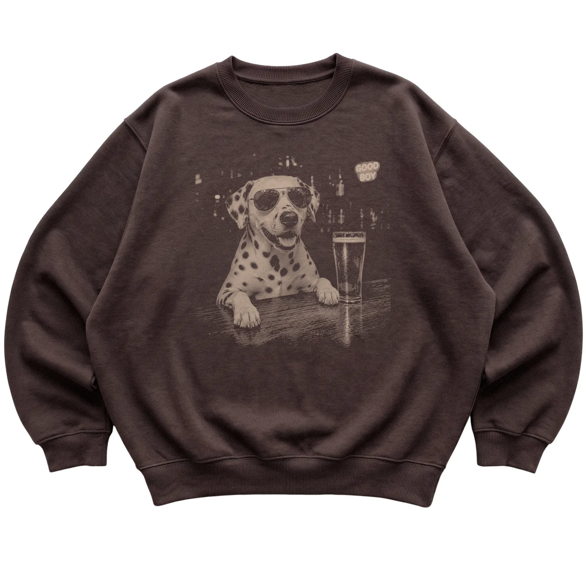 Dark Chocolate Dalmatian at a bar beside a pint, laid flat