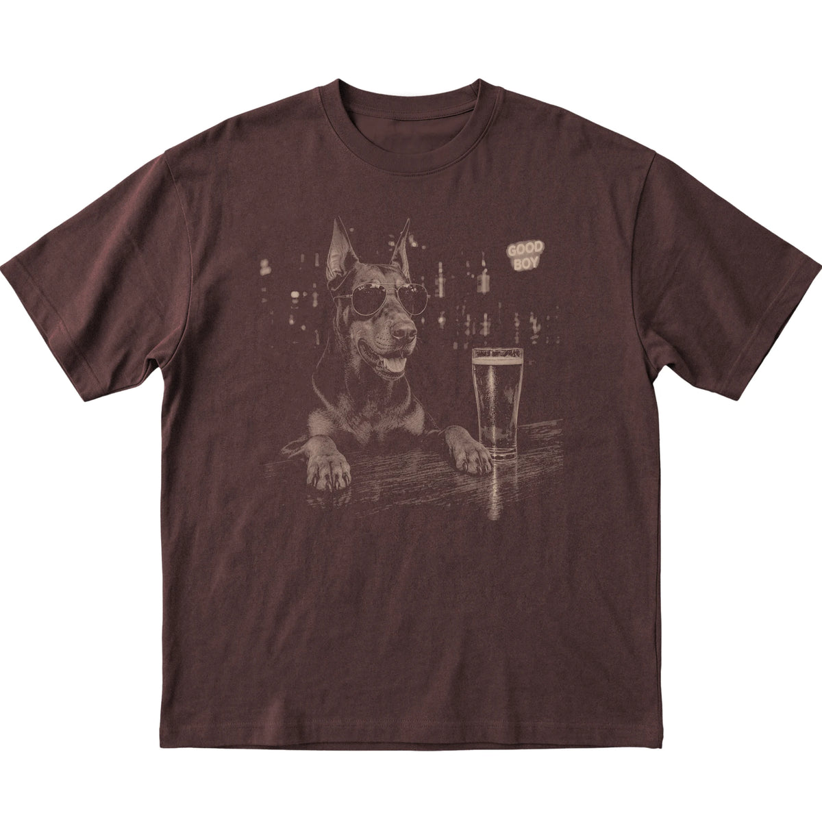 Dark Chocolate Doberman at a bar beside a pint, laid flat