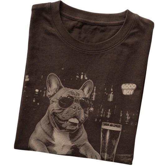 Dark Chocolate Frenchie at a bar beside a pint, folded detail view